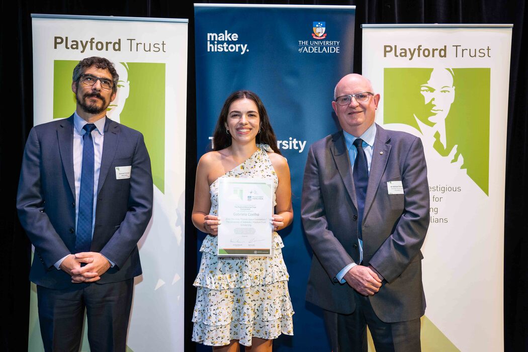 Gabriela Coelho with Associate Professor John Culton, Director, Andy Thomas Centre for Space Resources and Mr Michael Davis AO, Chair, The Andy Thomas Space Foundation